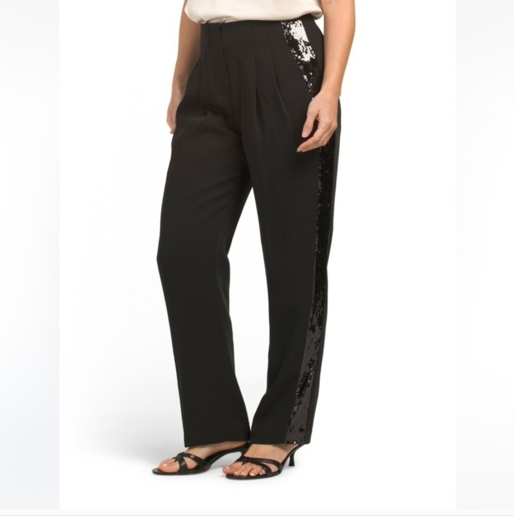 New Elie Tahari Sequin Embellished High Rise Black Trouser Tuxedo Pants Size 6